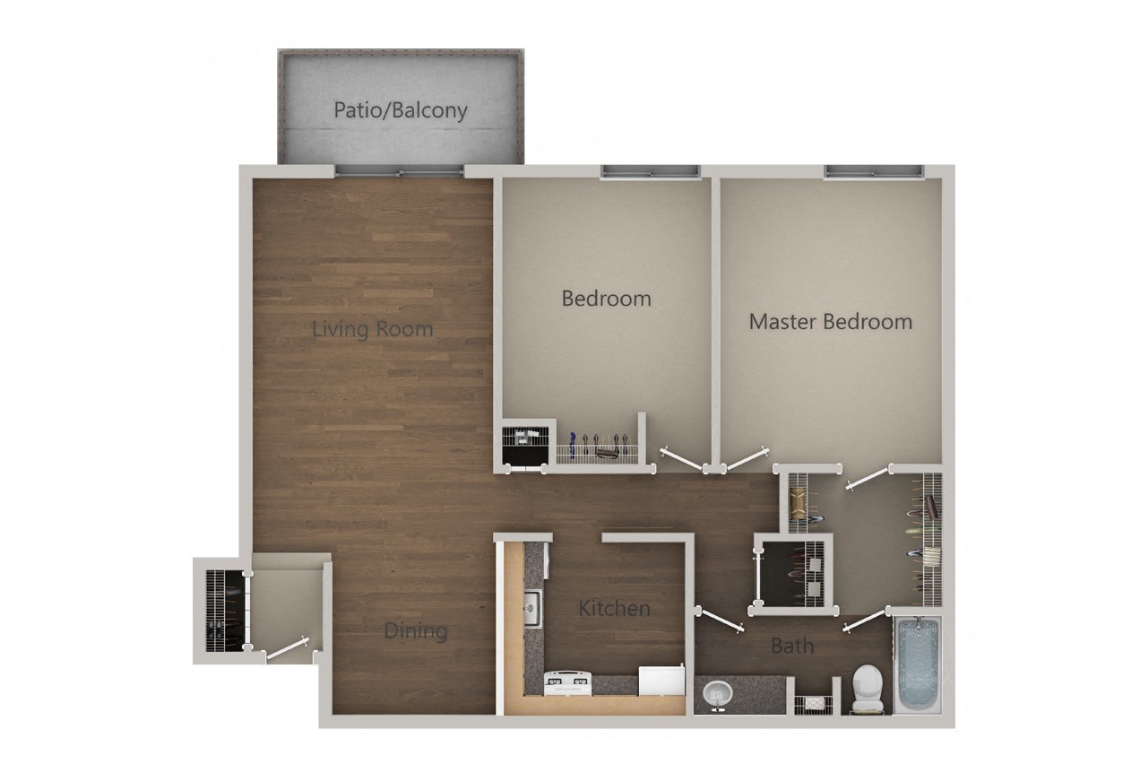 Floor plan for 2 beds, 1 bath, 954 sqft